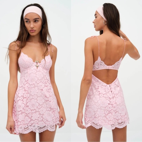 For Love And Lemons Dresses & Skirts - For Love and Lemons Creamsicle Lace Cutout Back Mini Slip Dress Pale Pink XL NEW